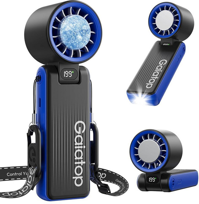Gaiatop 아이스쿨러 휴대용 터보 팬 32H 냉각 199가지 속도 개인 6000mAh 충전식 미니 LED 조명 책상 캠핑 여행 필수품 클래식 블루
