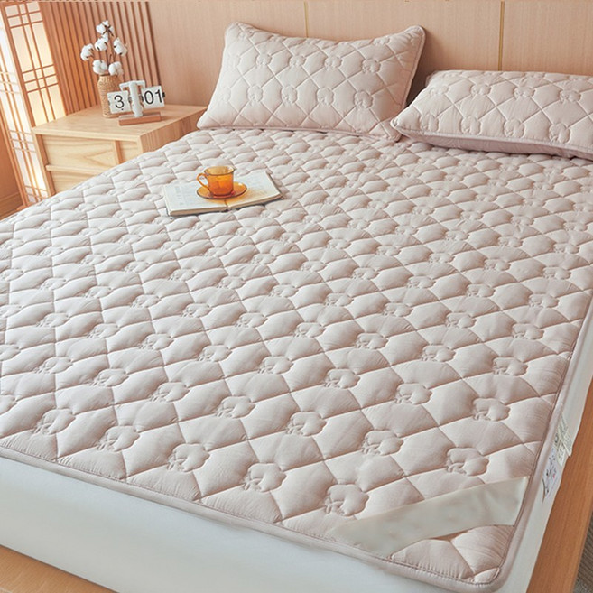 Pogeuni 사계절 누빔 면 충전 침대패드 고정밴딩 매트리스패드, 베이지
