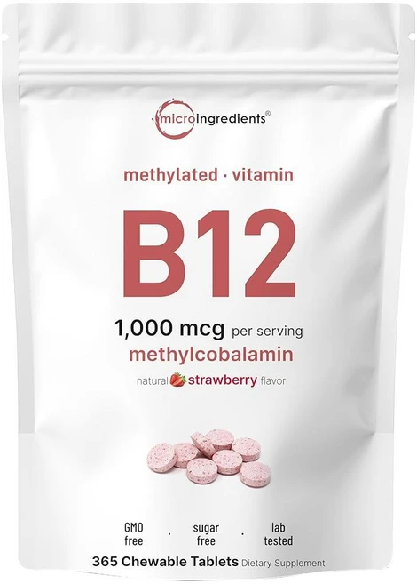 Micro Ingredients 비타민 B12 1 000mcg | 메틸코발라민 - 츄어블 태블릿 365정 | 빠른 용해 천연 딸기 맛 | 에너지 및 신진 대사 건강 지원 |, Micro Ingredients 비타민 B12 1,00, 1개 - 쿠팡
