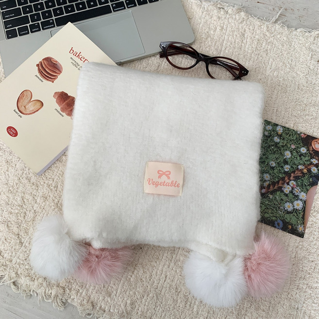 투니스 여성 단색 퍼 볼 니트 목도리