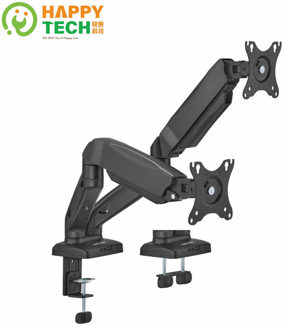 HAPPY TECH T55-C02E1 雙螢幕彈簧式桌上型手臂支架 17-32吋, 黑色（超商取貨限一組）, 黑色