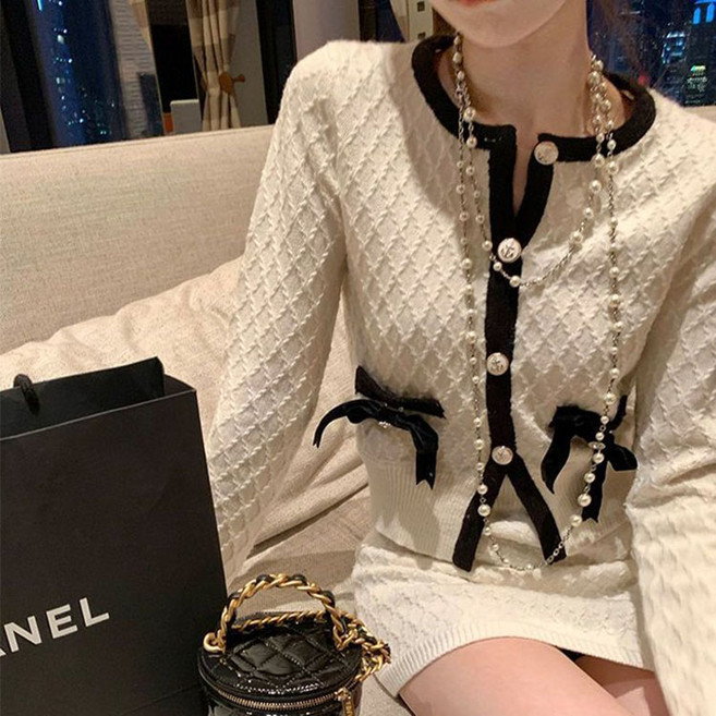 봄 가을 여성 트위드 세트 캐주얼 긴팔 리본 숏 라운드 자켓 + 하이웨스트 미니 스커트 상하의 투피스 기질 소향풍 투피스 세트 WXY