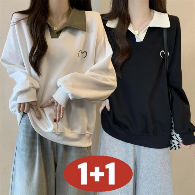 오스틱니(완전 편한) 100kg까지 빅사이즈 1+1 여성 봄가을 초특가 날씬해 보이는 셔츠 넥 디자인 감각 외출용 간절기 긴팔 맨투맨