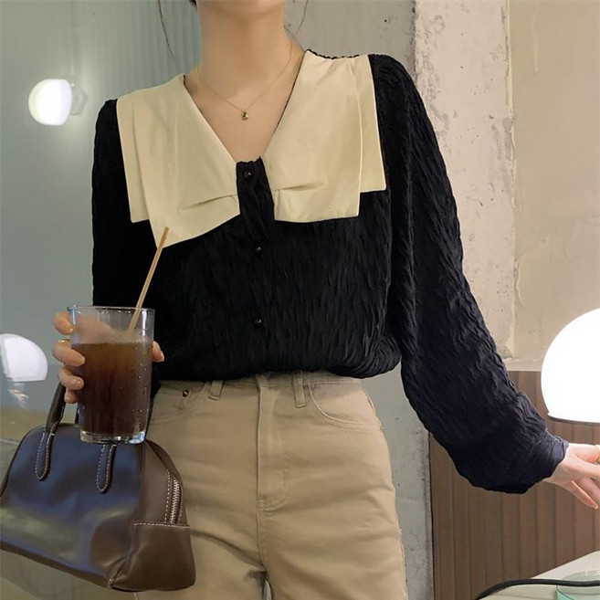 AURALA 여성 카라넥 플리츠 패션 블라우스 여자 예쁜 캐주얼 셔츠 데이트룩