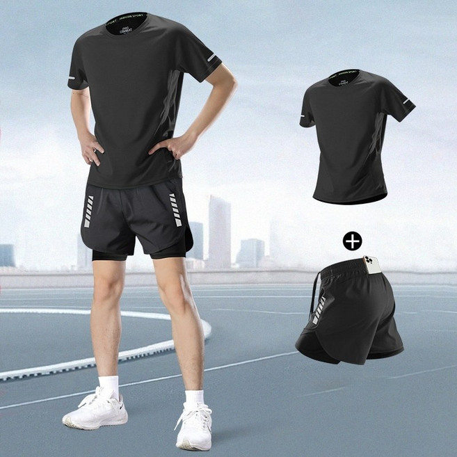 FINE ART 남자 런닝복 런닝복 헬스복 트레이닝복 세트 반팔+투인원 반바지 스포츠웨어