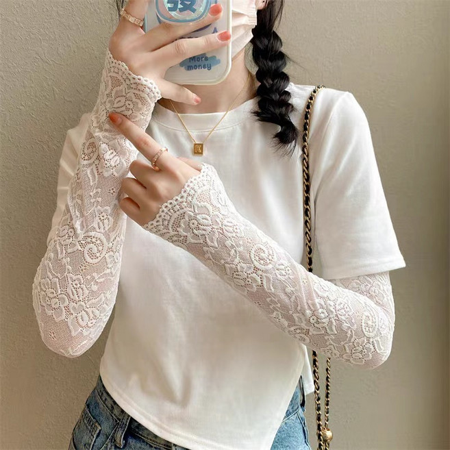 장미 망사 팔토시 시스루 레이스 토시 운전토시 자외선차단 운전토시 손토시, 1세트, 화이트+베이지