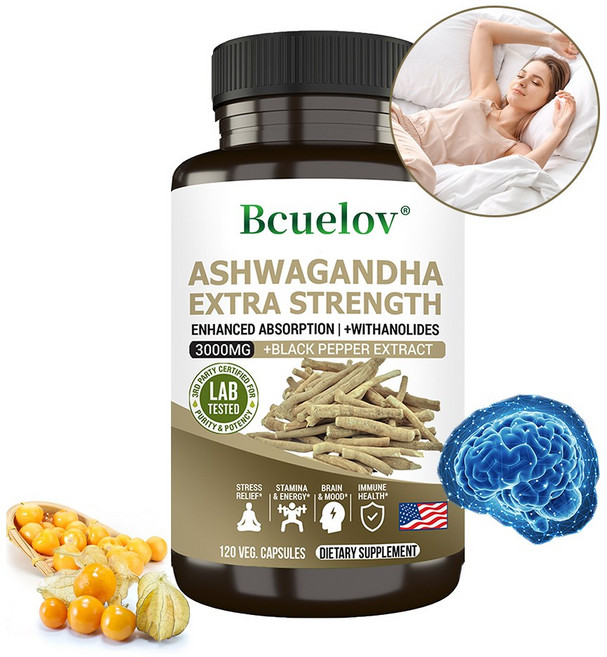 남아공 취가지 뿌리 추출물 3000mg 유기농 보충제 - 스트레스 불안 기억력 수면 정서 에너지 개선, 3개, 120회분