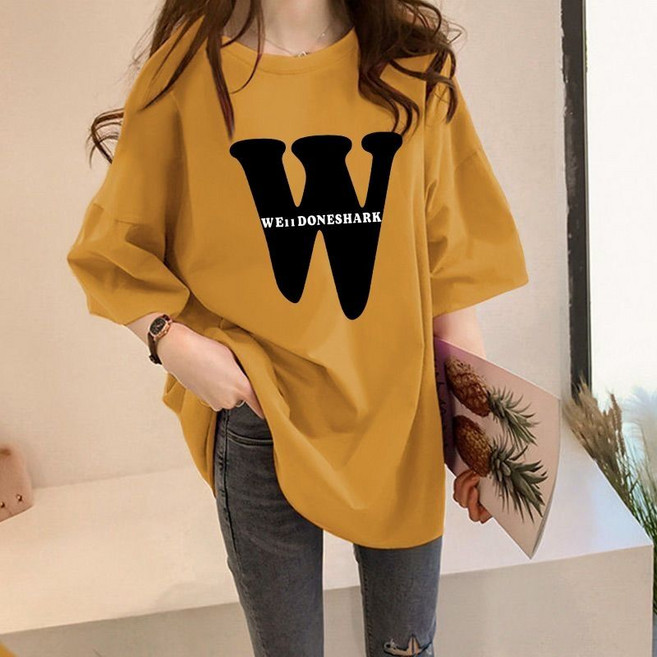 Makone 여성 빅사이즈 캐주얼 뉴욕 프린팅 브이넥 반팔 티셔츠