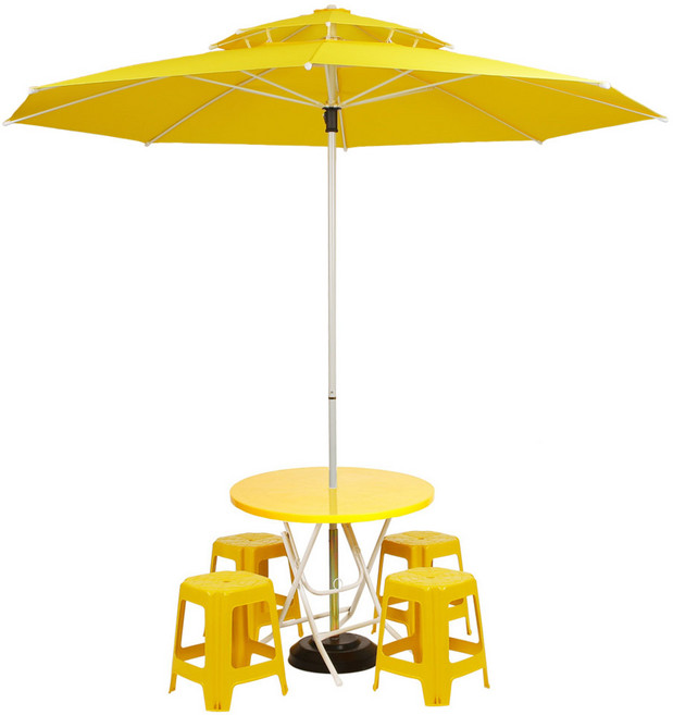 국산 2단 2700 파라솔 플라스틱 테이블 의자 세트 (옐로우), 파라솔2700(옐로우), 원탁(옐로우), 사각의자(옐로우)