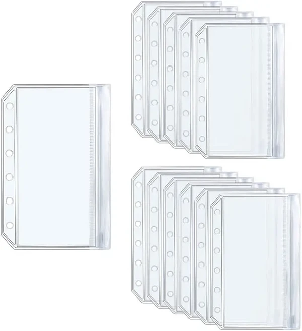 새로운 12개 A5/A6/A7 바인더 포켓 투명 PVC 6홀 더블 플랫 씰링 지퍼 사이드 오픈 파우치, 01 A7-12pcs