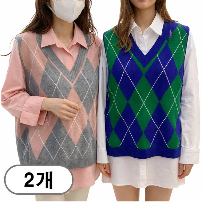 차쿠 여성 아가일 니트조끼 브이넥 레이어드 배색 체크 니트 조끼 1+1