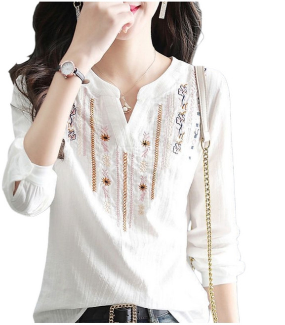 Makone 여성 브이넥 셔츠 트랜드 에스닉 남방 블라우스 심플 단추 포인트