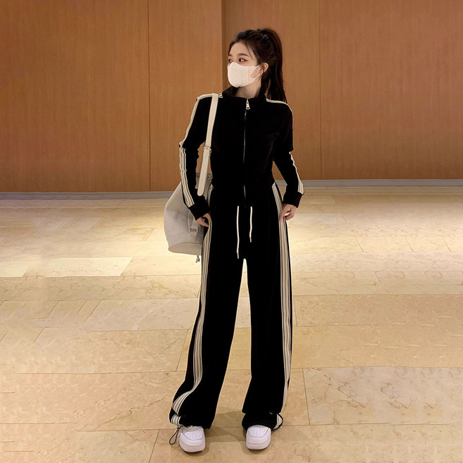지고다그 여성 봄가을 트레이닝 세트 스트라이프 라인 집업 상하의 세트 캐주얼 운동복 ZXC43542