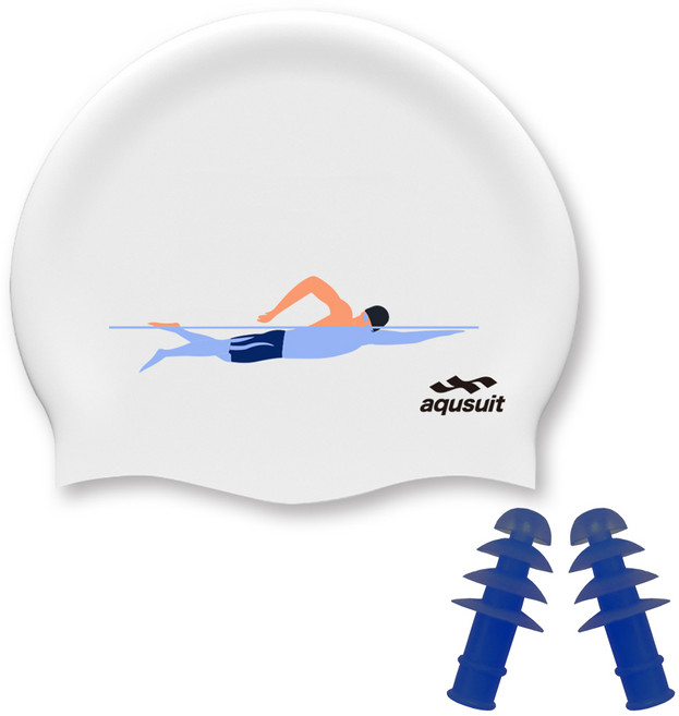 국내생산 아퀴스트 실리콘 스위밍맨 수영모자&귀마개 세트 실내수영장 생존수영용품, (단종)화이트(귀마개랜덤), 1개