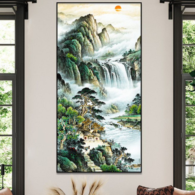 풍수에 좋은 풍경화 그림 산수화 풍경그림 액자 개업 집들이 부모님 선물, 풍수 산수화(캔버스출력), 대형60x120cm, 그레이