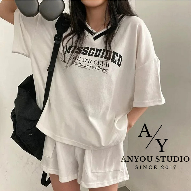 ANYOU 여성 캐주얼 세트 루즈핏 빅사이즈 반팔 트레이닝 세트 상하복