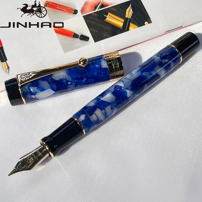 Jinhao 100 만년필 셀룰로이드 클래식 스타일 리필 가능 변환기가 있는 고급 펜촉 필기구, 01 M, 06 deep sea blue