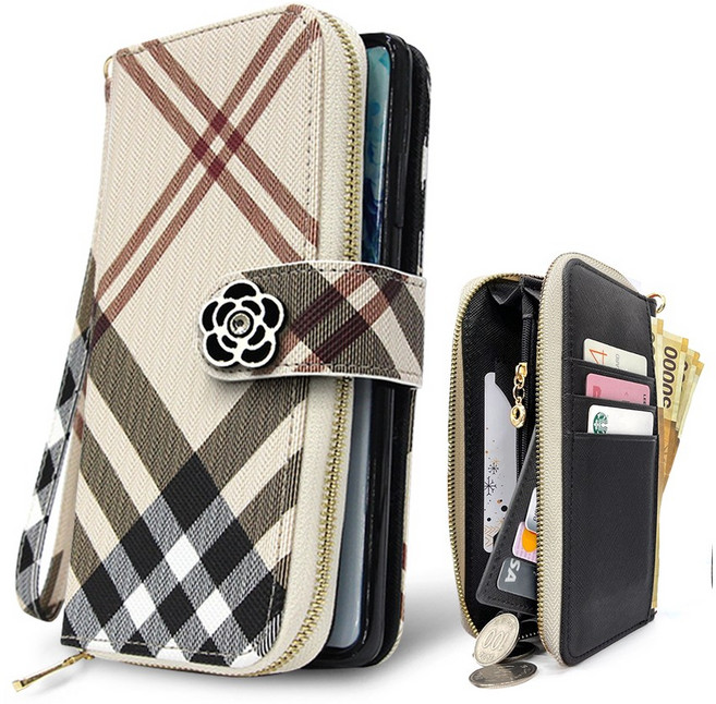 외부지퍼 버킨체크 MB 꽃장신구 손목줄 스트랩 지갑형 다이어리 휴대폰케이스