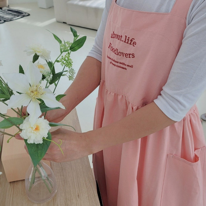 마리마켓 라이프자수 앞치마 원피스 방수 주방 카페 어린이집 식당 미용실 유치원 공방, 1개, 핑크