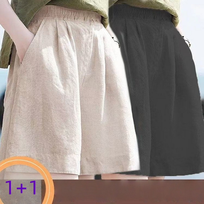 Seofst 여름 2장세트 여성 린넨혼방 5부 하이웨이스트 와이드 팬츠 1+1