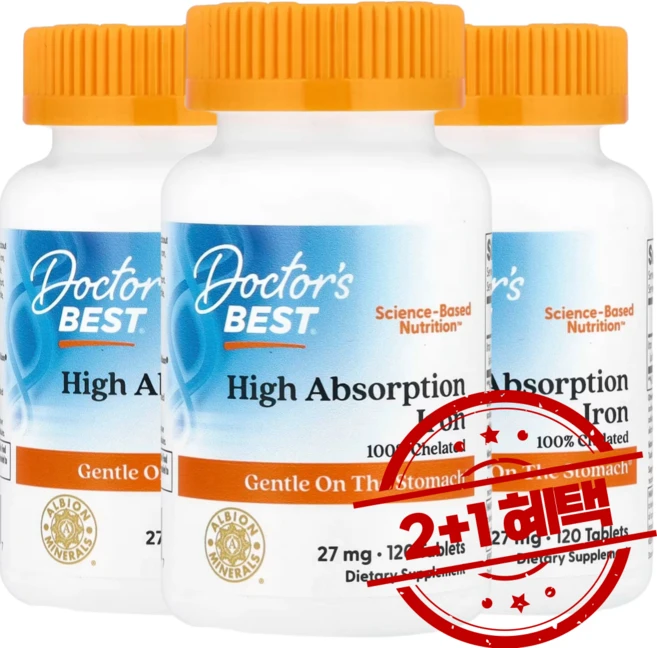 2+1 닥터스베스트 고흡수율 철분 보충제 Ferrochel 함유 27mg 120정 글루텐 프리 / 해외직구 미국정품, 3개 - 쿠팡