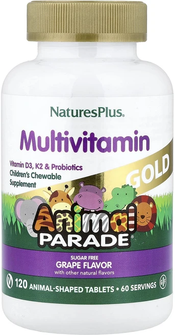 NaturesPlus Source of Life Animal Parade 골드 어린이용 츄어블 종합 비타민 및 미네랄 보충제 천연 포도향 동물 모양 정제 120정 - 쿠팡