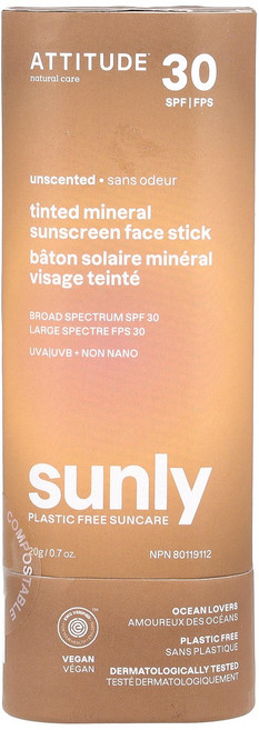 ATTITUDE 틴티드 미네랄 자외선 차단제 페이스 스틱 SPF 30 무향 20g(0.7oz) ATTITUDE (애티튜드), 1개, 20g