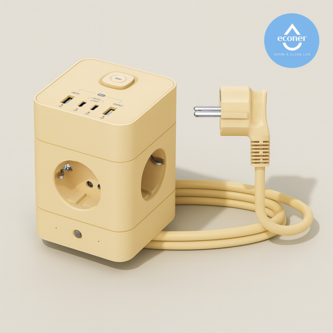 에코너 타워 멀티탭 타워형 멀티 콘센트 8구 C타입 USB 고용량 어댑터, 1개, 바닐라, 1.8m