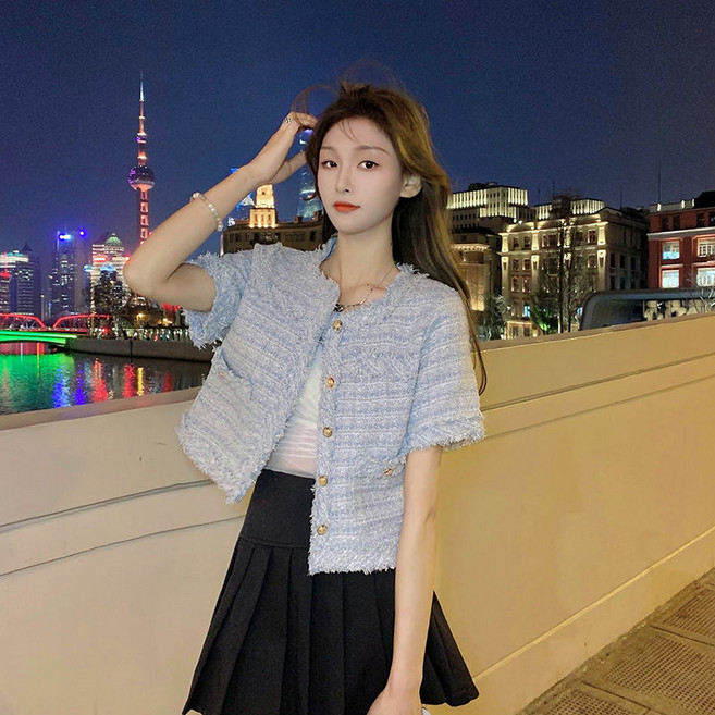 여성용 트위드 반팔 코트 봄 여름 패션 소향풍 수술 자켓 여자 기질 슬림핏 숏 상의 박시하고 시크룩 WMY