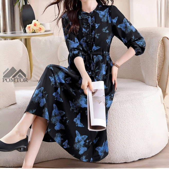 POMTOR 여성 빅사이즈 베이직 예쁜 날씬해 허리 매듭 긴팔 원피스