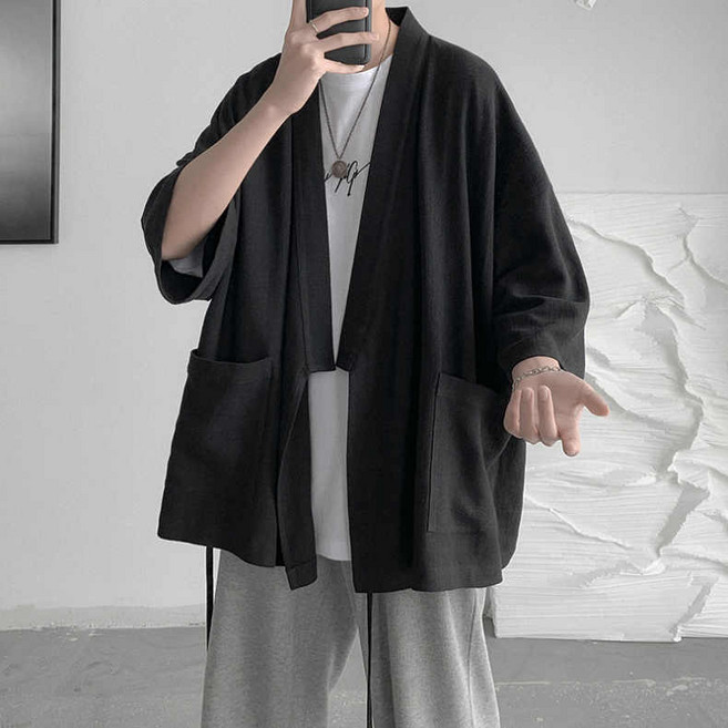 남성 잠옷 전통 일본 사무라이맨 하오리 팬츠 기모노 세트 유카타