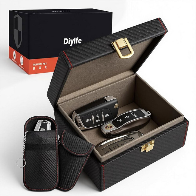DIYife 초대형 패러데이 박스 파우치 자동차 키용 RFID 박스 패러데이 케이지 키포브 프로텍터 키리스 포브용 탄소 섬유 자동차 키용 방지 패러데이 백 휴대폰, Small + 2 Faraday Pouches