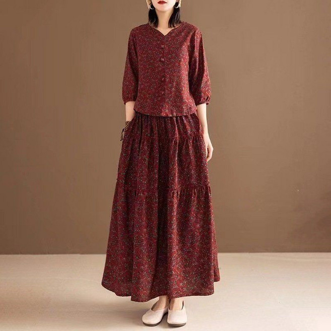 면 린넨 플로럴 마스터 수트 봄가을 여성용 헐렁한 슬림 탑 스커트 투피스 세트