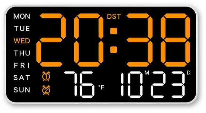 엔틱 시계 LED 디지털 벽시계 음성 제어 온도 날짜 주 표시 밝기 조정 12/24H 전자 홈 장식, 옵션02) White-orange
