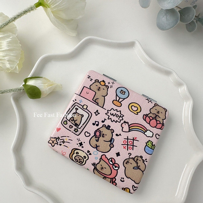 卡皮巴拉圖案摺疊隨身鏡 雙面化妝鏡, 現貨-歡樂卡皮, 1個