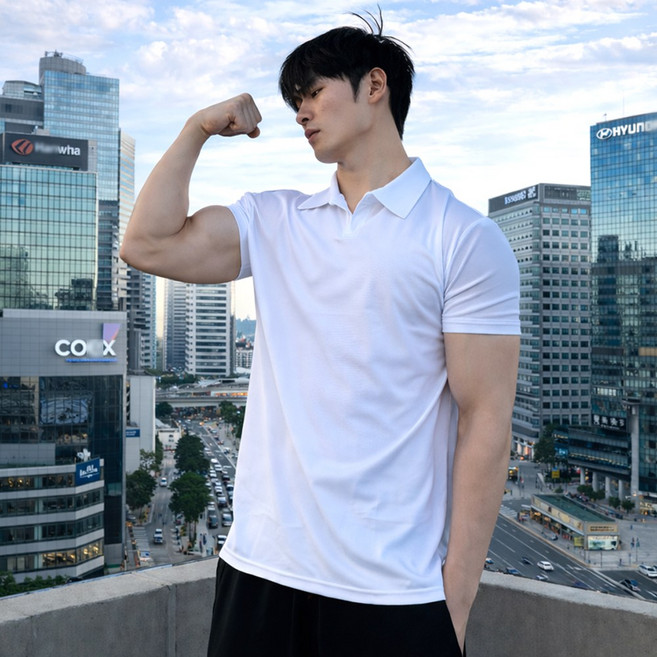 [5시건 당일출고] FOOI 남자 머슬핏 카라티 반팔 쿨소재 링클프리 상체 슬림핏 배여유핏 헬스 여름 티셔츠