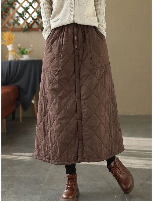 티류으스 여성 겨울 레트로 다이아몬드 퀼팅 누빔 두꺼운 미디 스커트 포켓 슬림핏 코튼 WY