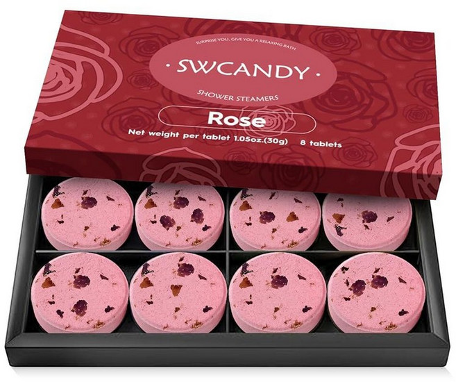 SWCANDY Shower Steamers 아로마테라피 생일 선물 여성용 여행 필수품 레몬 8개 배쓰밤 샤워밤 자연 추출물 에센셜 오일 휴식 홈 스파 253464, ROSE