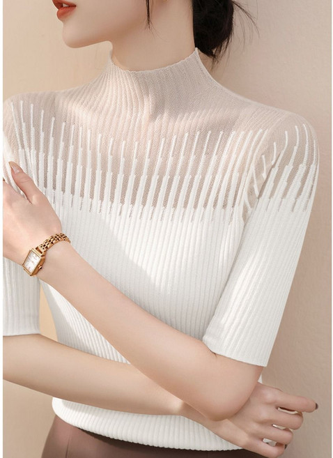 여성 반폴라 니트 반팔티 봄 데일리 여자 레이스 패치 망사티 슬림핏 반목 반팔티 LT