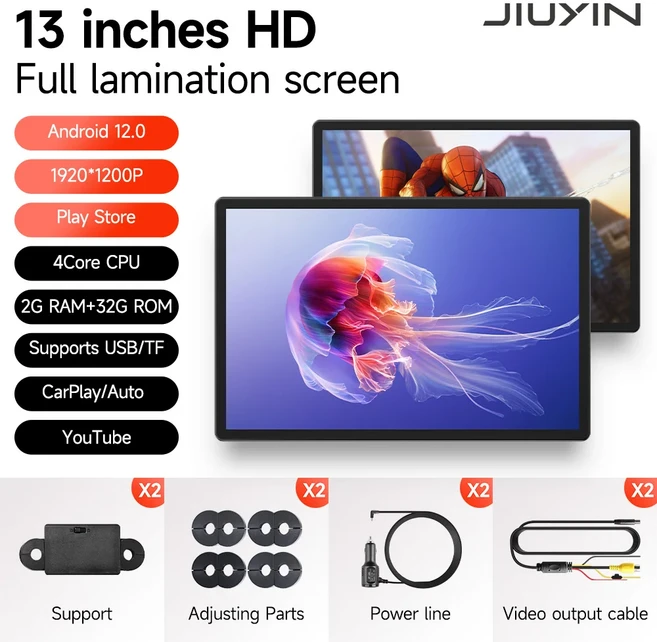 13인치 차량 헤드레스트 모니터 카플레이 IPS 태블릿 안드로이드 12 터치스크린 HD 뒷좌석 비디오 음악 TV, 01 2 units