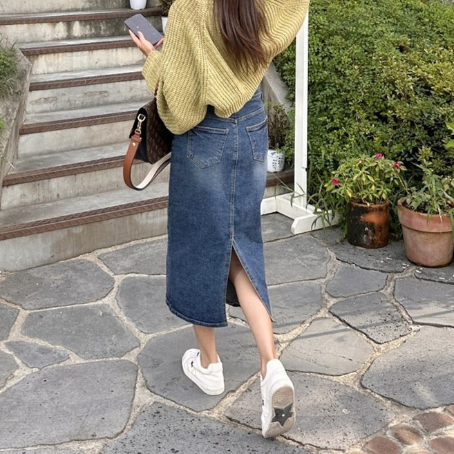 데일리 밴딩 스판 H라인 7부 뒷트임 데님스커트 청치마 진청 흑청
