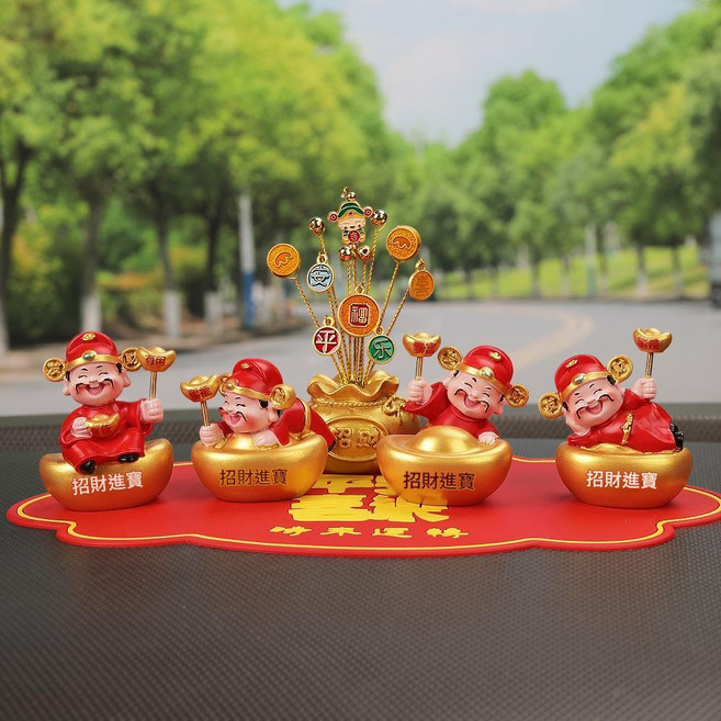 財神爺彈簧汽車擺件, 一套4個財神 招財財神錢袋 紅墊, 1個