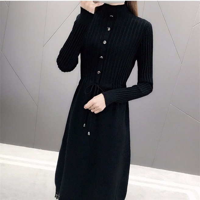 AOUGK 여성 니트 원피스 루즈핏 반폴라 롱 니트티 맥시 롱 원피스 데일리 허리 원피스