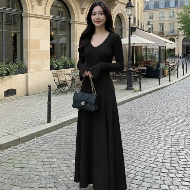 여성용 브이넥 니트 원피스 봄 가을 겨울 긴팔 슬림핏 하객룩 롱원피스