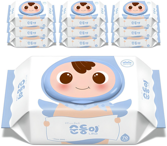 순둥이 오리지널 플러스 엘블루 아기물티슈 캡형, 75g, 70매, 10세트