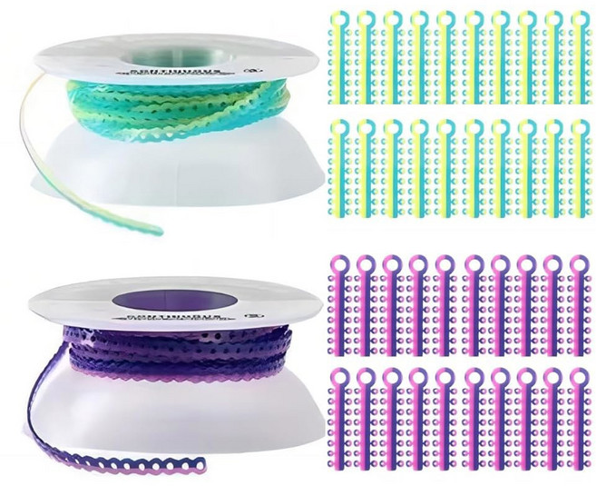 2BDENT 치과 교정용 탄성 라이거 타이 브래킷 브레이스 파워 체인 더블 컬러 키트(연속), Long, 1