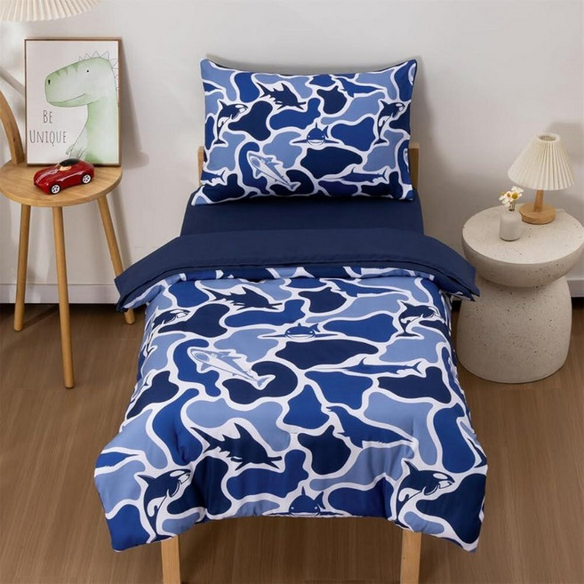 NTBED 4 Pieces Camo Toddler Bedding Set for Baby Girls Boys Shark Camouflage Printed Includes Com, Blue