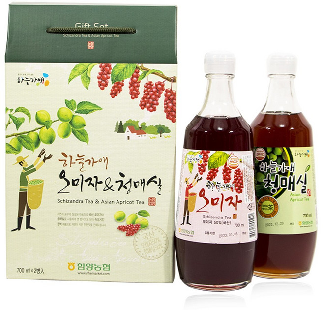 [본사발송] 함양농협 하늘가애 오미자 700ml + 청매실 700ml 엑기스세트 국산 원액 100%, 1개