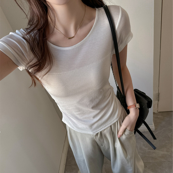 텐셀 여성용 라운드넥 정숄더 티셔츠 여성용 반소매 배색 허리 라인 강조 상의