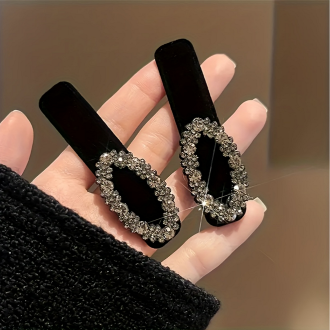 우아한 레트로 블랙 벨벳 라인스톤 머리핀 2P 세트